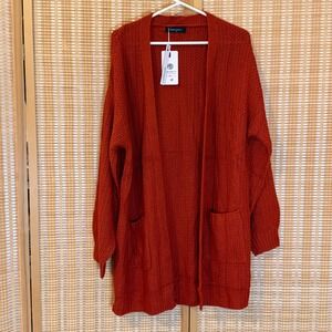 Merokeety Rust Orange Waffle Knit Open Front Cardigan Sweater Pockets M NWT